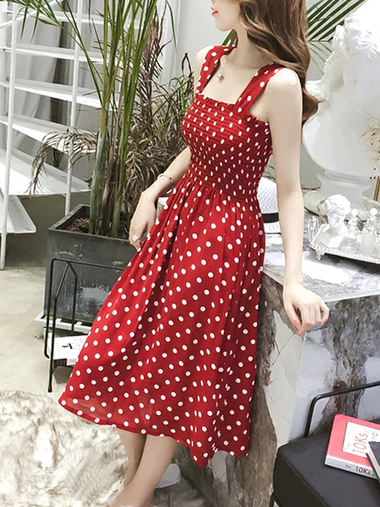 2024 Summer Befree Beach Long Vintage Dots Casual Ruffles Elegant Maxi Strap Camis