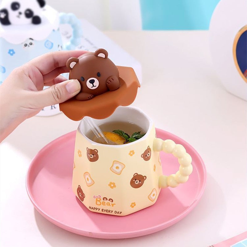 Cartoon Ceramic Mug With Lid and Spoon Creative