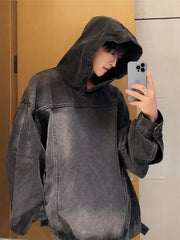 Japanese Denim Hooded Jacket Men Women Loose Casual Vintage Sweatshirt Coat High