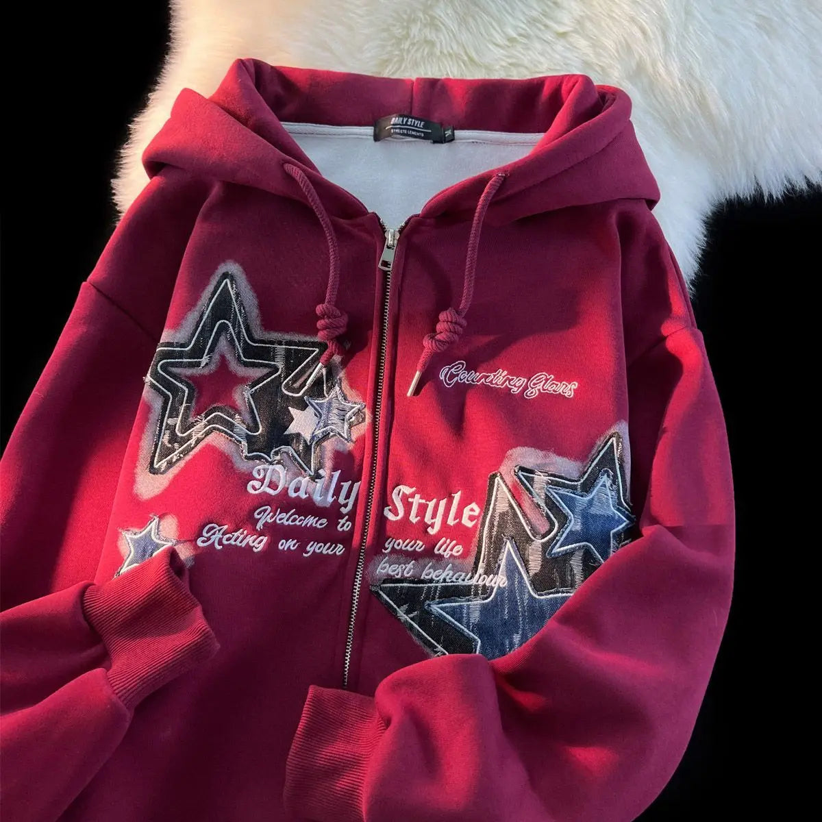 Star print vintage hoodies loose high street oversize sweatshirts trendy cool y2k cardigan