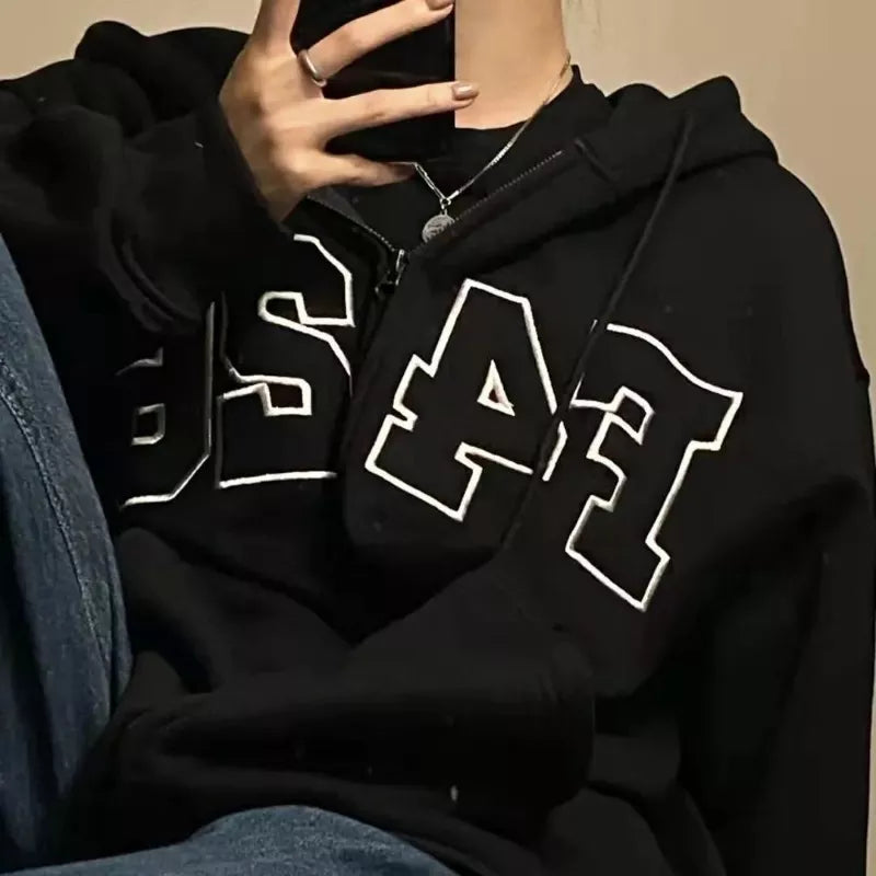 Zip Up Casual Hoodies Women Fleece Letter Print