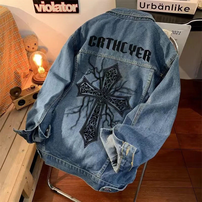 Cross Printed Denim Jacket Male Y2K Street Fashion Retro Popular Casual