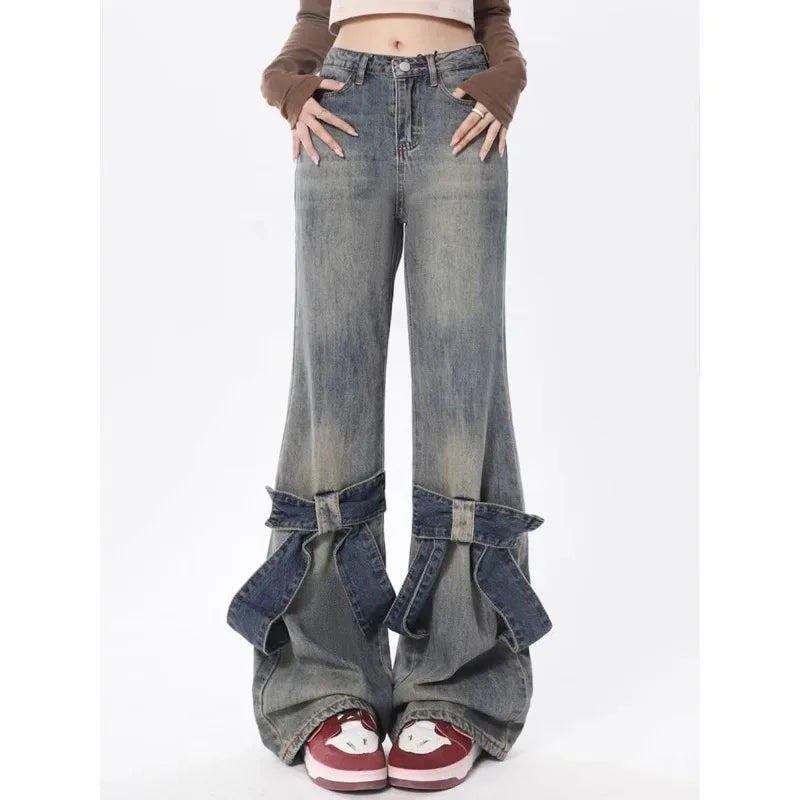 Y2k Vintage Flare Jeans Women Bow Patchwork Korean Streetwear Baddies Denim