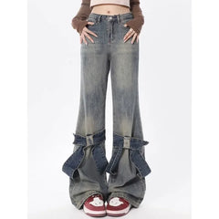 Y2k Vintage Flare Jeans Women Bow Patchwork Korean Streetwear Baddies Denim