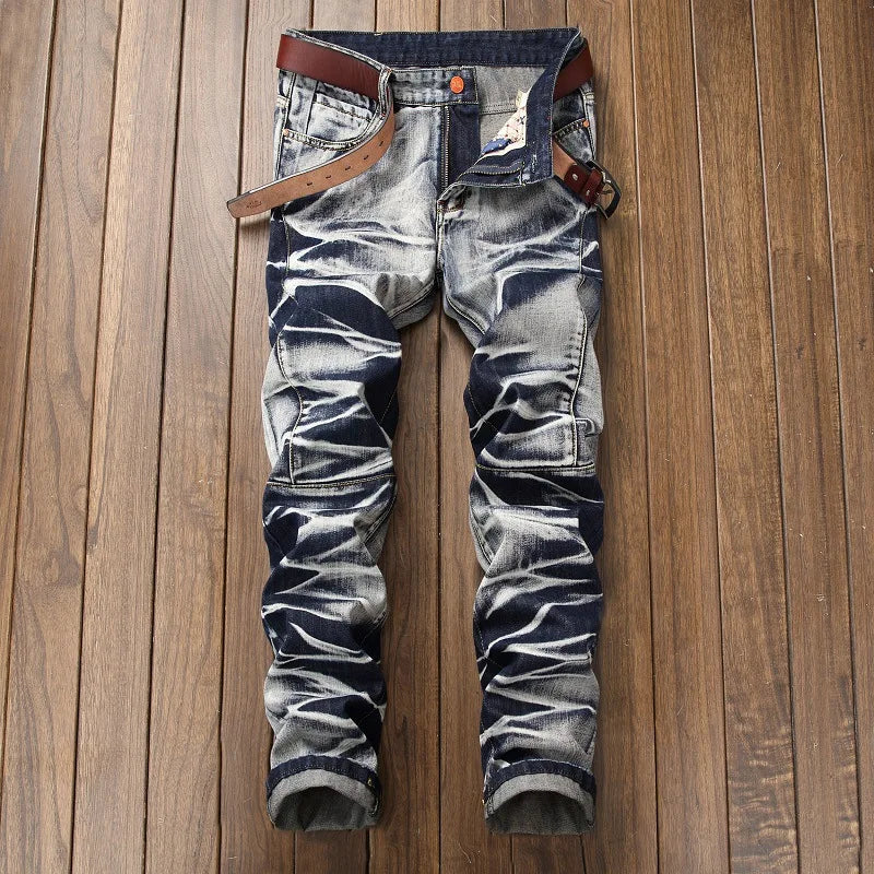 Casual Mid-rise Coated Slim Straight Pleated Biker Jeans Pants