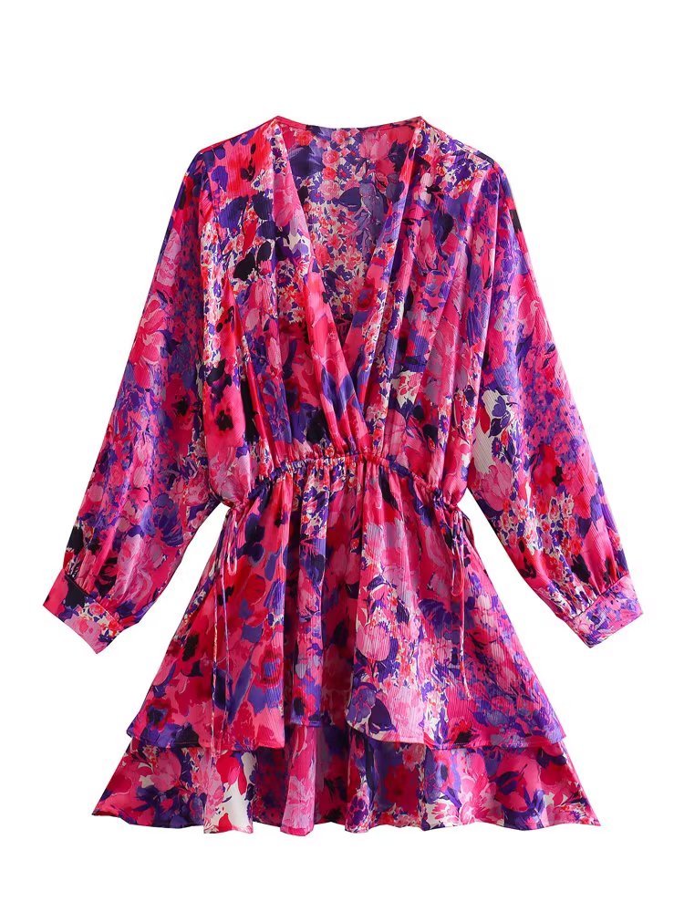 KEYANKETIAN Women Fashion V Neck Floral Print Double Layer Ruffles A Line Mini Shirt Dress Female