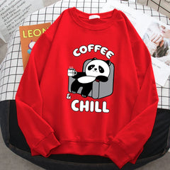 CCoffee And Chill Kawaii Panda Print Hoodie Soft Fleece Pullover Loose Warm