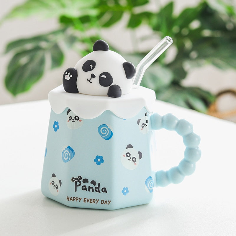 Cartoon Ceramic Mug With Lid and Spoon Creative Cute