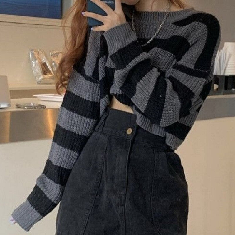 Sweater Korean Style Women Vintage Oversize Long Sleeve O-neck Pullovers Tops