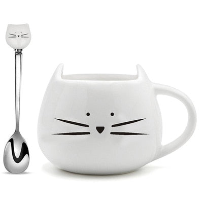 Cartoon Cat Mugs Coffee Cups with Stirring Spoon Black White Ceramic