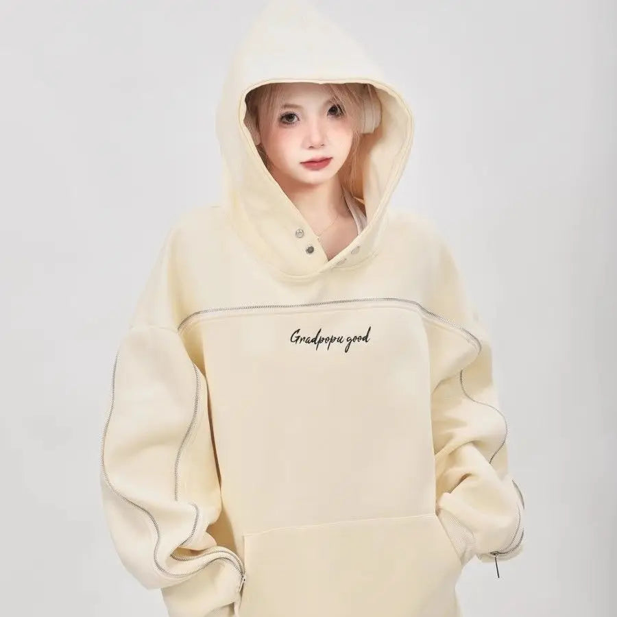 Kpop Streetwear Oversized Hoodies Women Harajuku Grunge Letter Print Vintage Zipper Thick Y2K