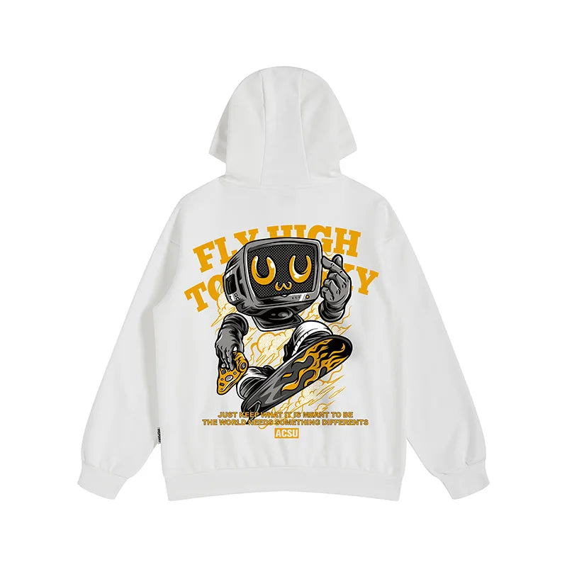 Autumn Skateboard Robot Print Fleece Hip Hop Fashion Pocket Hoodies Y2K Streetwear