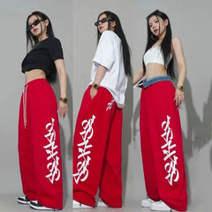 Street Alphabet Red Loose Straight Drawstring Mopping Casual Pants Jazz Dance