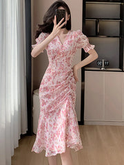 2024 Pink Floral Chiffon Sequins Prom Clothes Women Short Sleeve V-Neck Casual