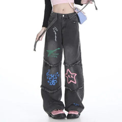 Star Pattern 2024 High Waist Straight Pant Belt Decoration Washed Street Graffiti Raw Edge Splicing