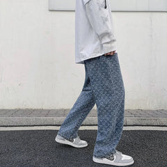 Mens 2024 New Straight Lift Pattern Loose Wide Leg Jeans