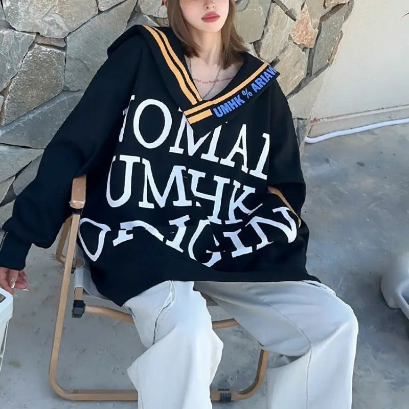 Spring Autumn Letter Printed Sweatshirts Korean Loose V-Neck Shawl Casual Spliced