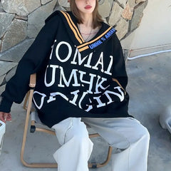 Spring Autumn Letter Printed Sweatshirts Korean Loose V-Neck Shawl Casual Spliced
