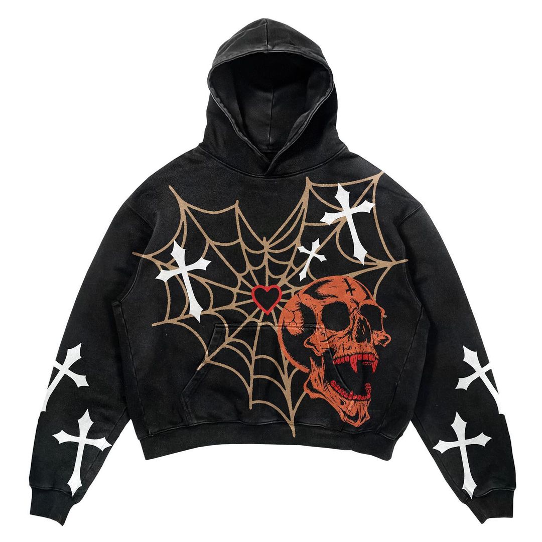 Y2K Retro Hoodie New American Skull Spider Web Print