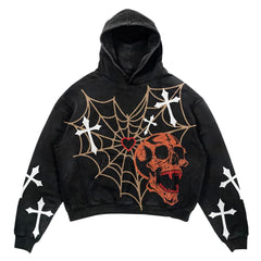 Y2K Retro Hoodie New American Skull Spider Web Print