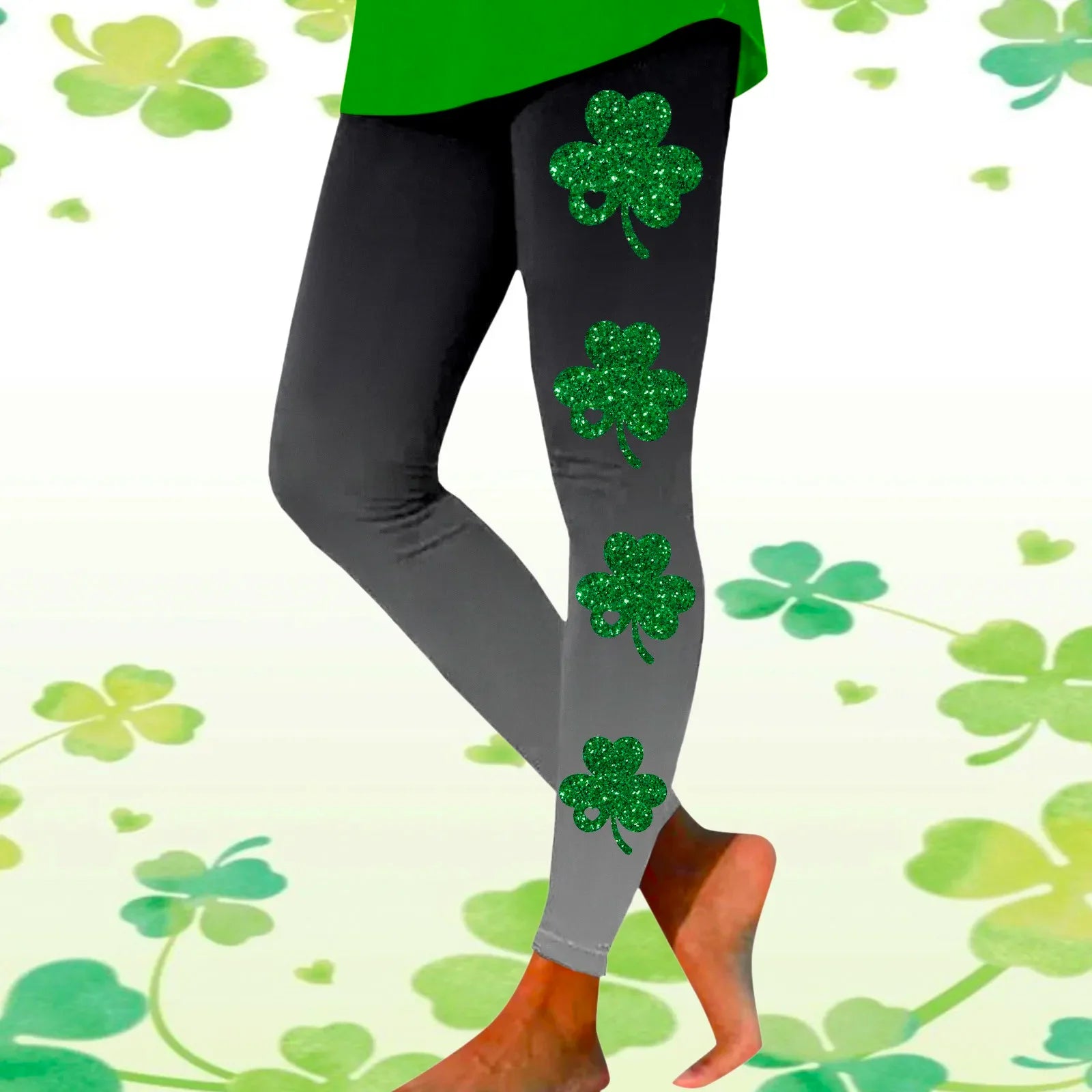 St Patricks Day Lucky Clovers Leggings Green For Women