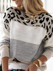 Sweater Color Leopard Print Knit Long Sleeve Top Vintage Streetwear Oversized Pullover