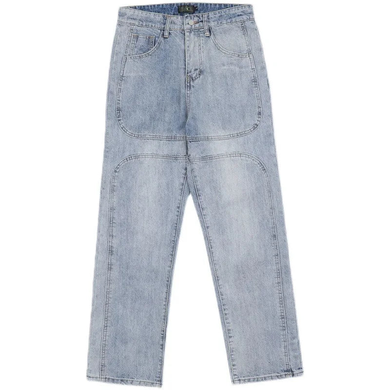 Men Retro Straight Wide Leg Blue Jeans Loose Casual Denim Pants