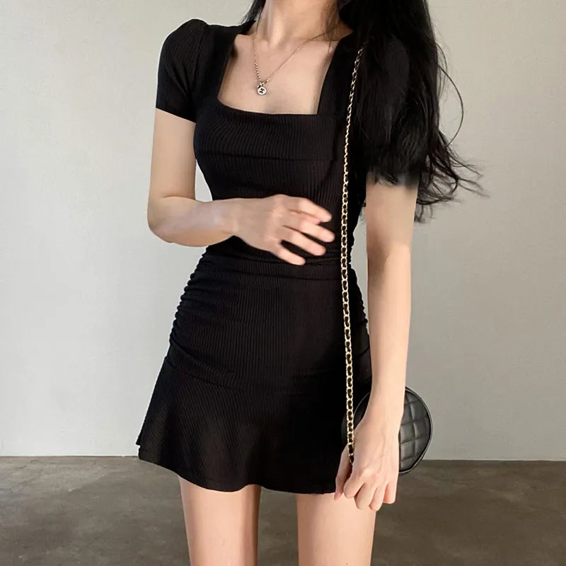 Collar Short Sleeve Slim Mini Dress Summer Korean Fashion Folds Ruffles