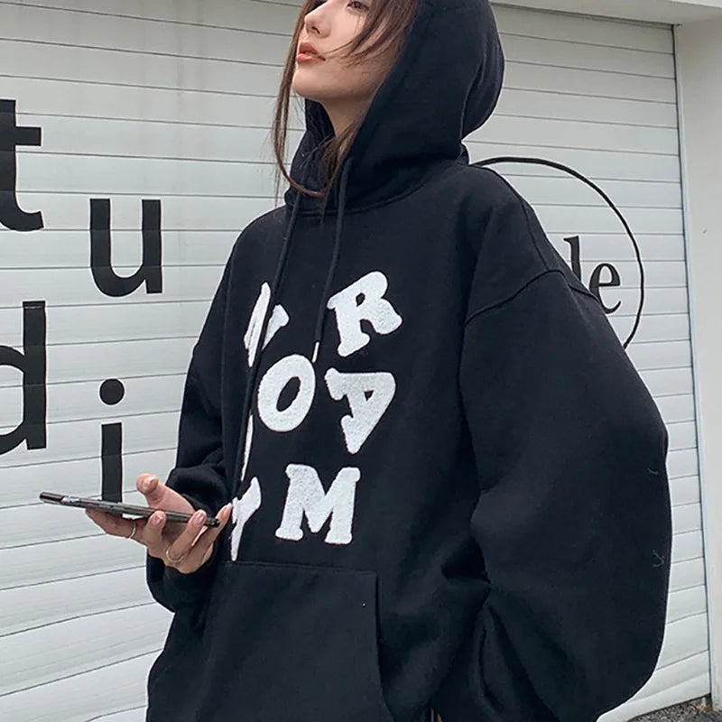 Korean Y2K Letter Print Hoodie: Autumn Winter Oversize Top