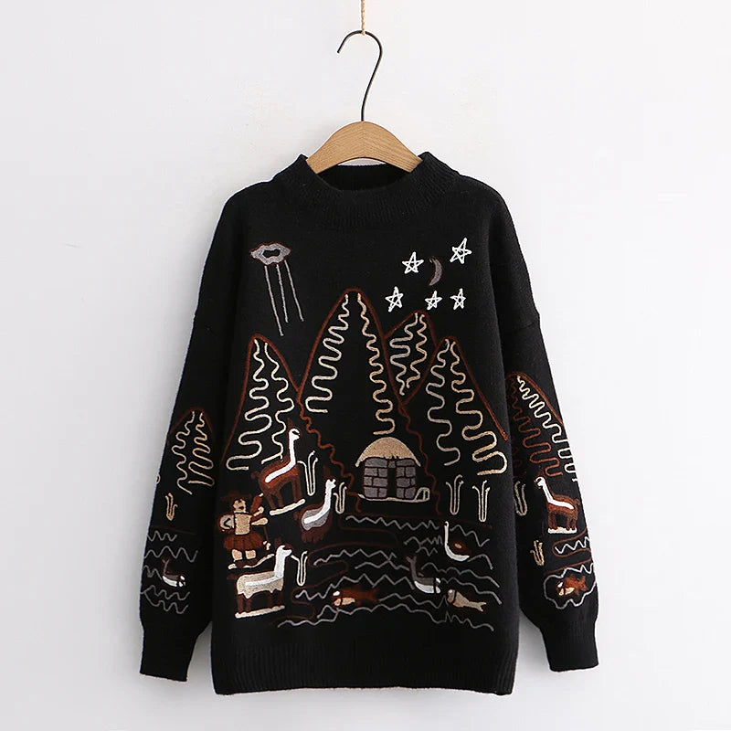 Korean College Style Cartoon Embroidered Women's Sweater