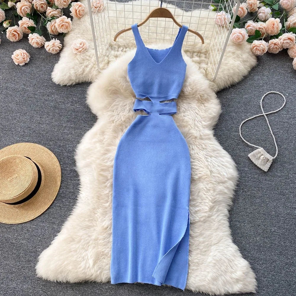 Hips Split Bodycon Dress Summer Fashion Lady Knitted Party Vestidos Sundress