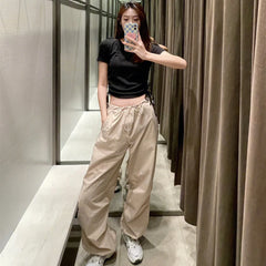 Autumn New Retro High Waist Jogging Pants Drawstring Foot Pleated Decoration Casual