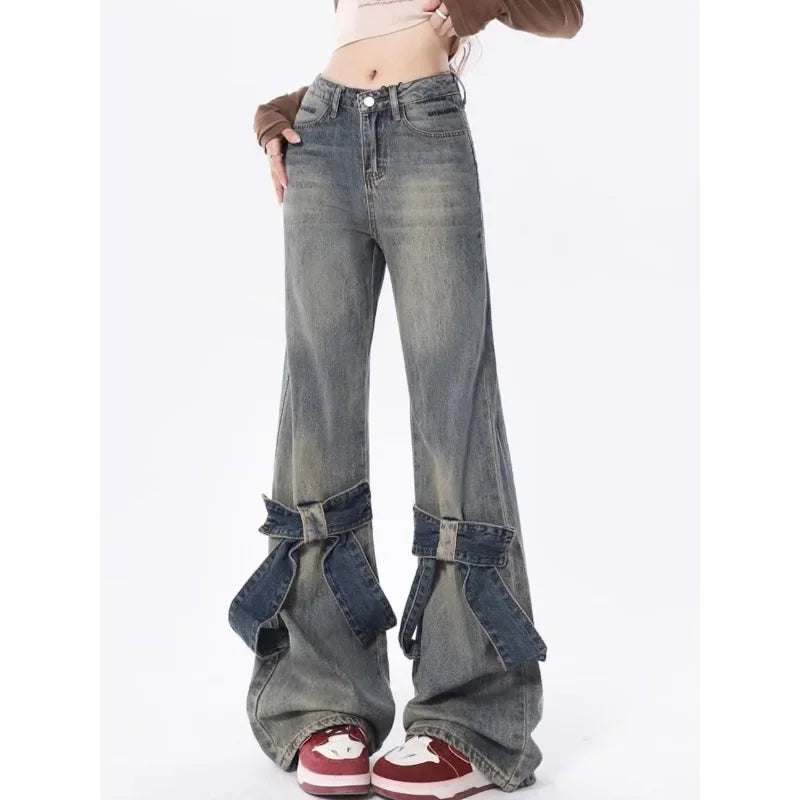 Y2k Vintage Flare Jeans Women Bow Patchwork Korean Streetwear Baddies Denim