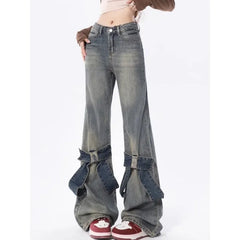 Y2k Vintage Flare Jeans Women Bow Patchwork Korean Streetwear Baddies Denim