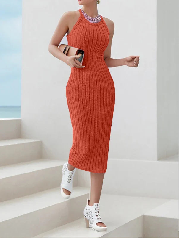 Solid Halter Neck Bodycon Midi Dress for Women's Summer