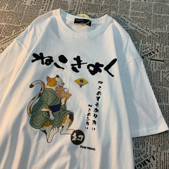 Japanese Retro Fish Cat Print T-Shirt Men