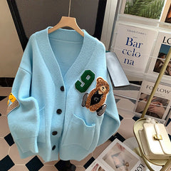 Cute Bear Print Women's Cardigan: Casual and Fashionable Style for Autumn 2023