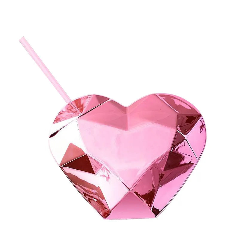 Love-themed Plastic Water Cup with Lid and Straw