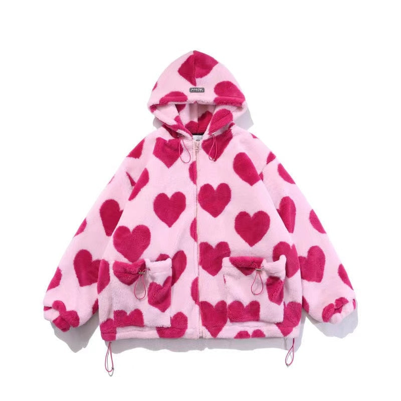 Y2K Style with the New Heart Print Oversized Zip Up Hoodie Embrace Harajuku, Korean Fashion, and Trendy Vibes