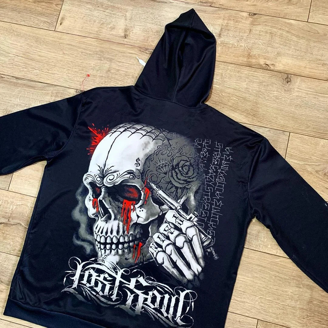 Men Print Skull Head Pullovers Hoodies Streetwear Loose Casual