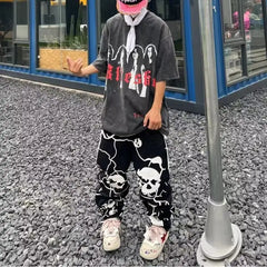 Skull Men High Street Loose Straight Leg Wide-leg Pants