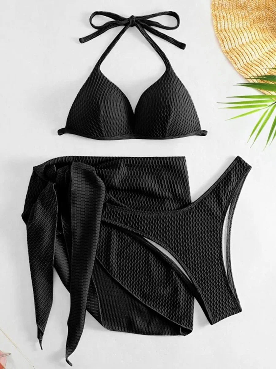 Wrinkled Bikini Female Swimsuit Women Swimwear Three-pieces Bikini Set Push Up Bathing