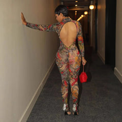 A Print Long Sleeve Mesh  Jumpsuit