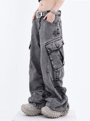 Chic Vintage High Waist Cargo Pants Trendy Women's Casual Wide Leg Jeans