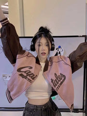 Y2K Oversized Crop Bomber Jacket with Letter Print for Women Streetwear Style Winter