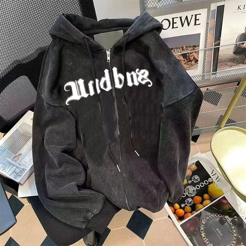 Korean version of belly black high street skeleton printed zippered hoodie