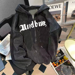 Korean version of belly black high street skeleton printed zippered hoodie