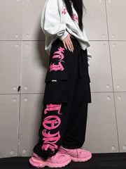 Y2K Cargo Retro Pink Printed Trousers Street Hip Hop Loose Casual Harajuku