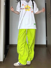 Y2K Green Parachute Pants Korean Style Wide Leg Track Trousers Plus Size