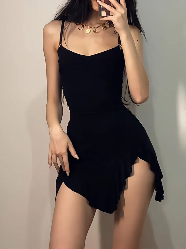 Sleeveless Strap Backless Folds Bodycon Split Dress Streetwear Elegant